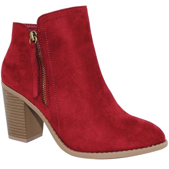 Stacked Chunky Heel Booties Rich Wine-Colored Suede Ankle Boots | Bold. Textured - Picture 3 of 5